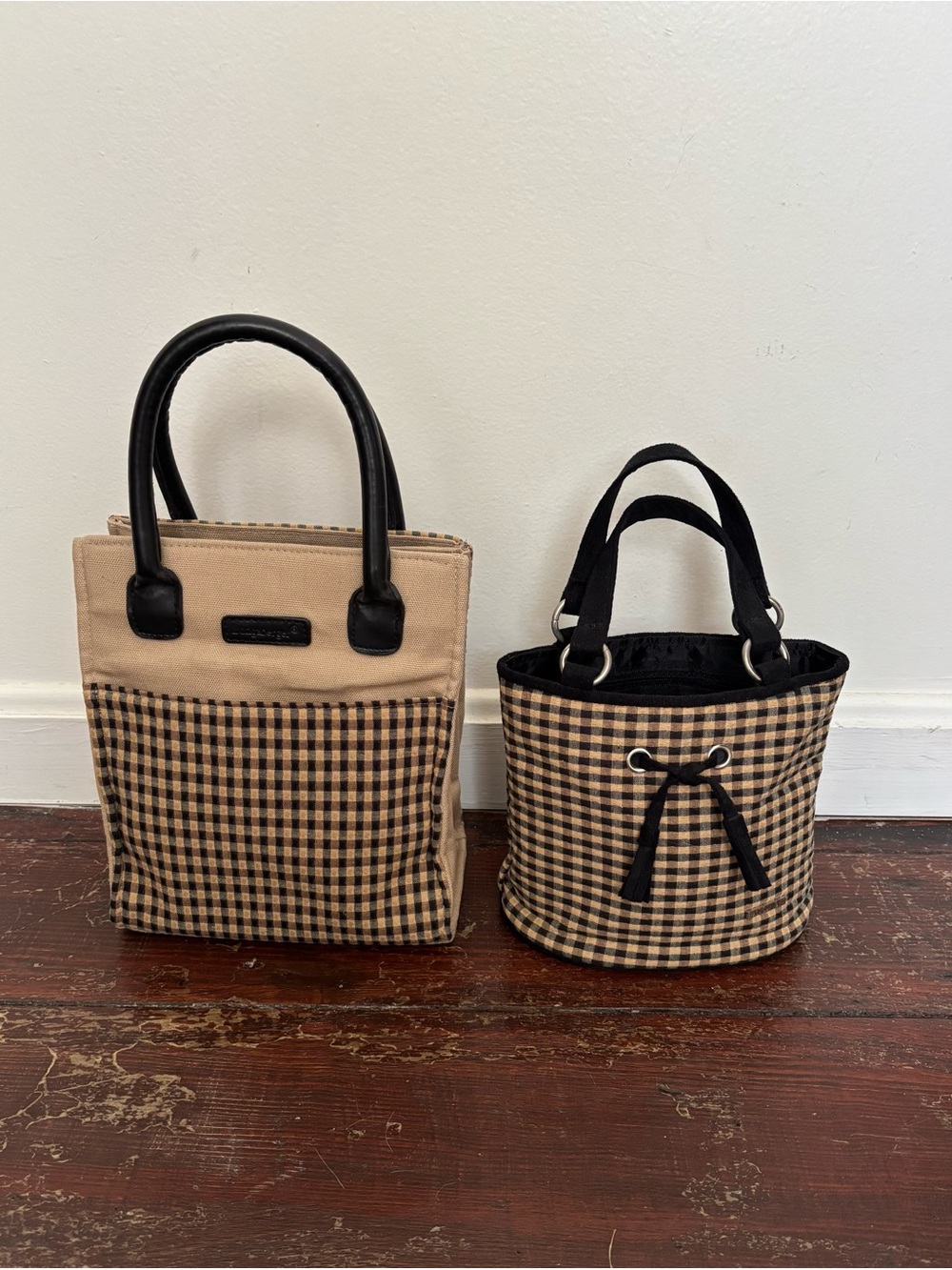Longaberger Homestead Black & Tan Gingham Check Lunch Tote & Mini Purse
